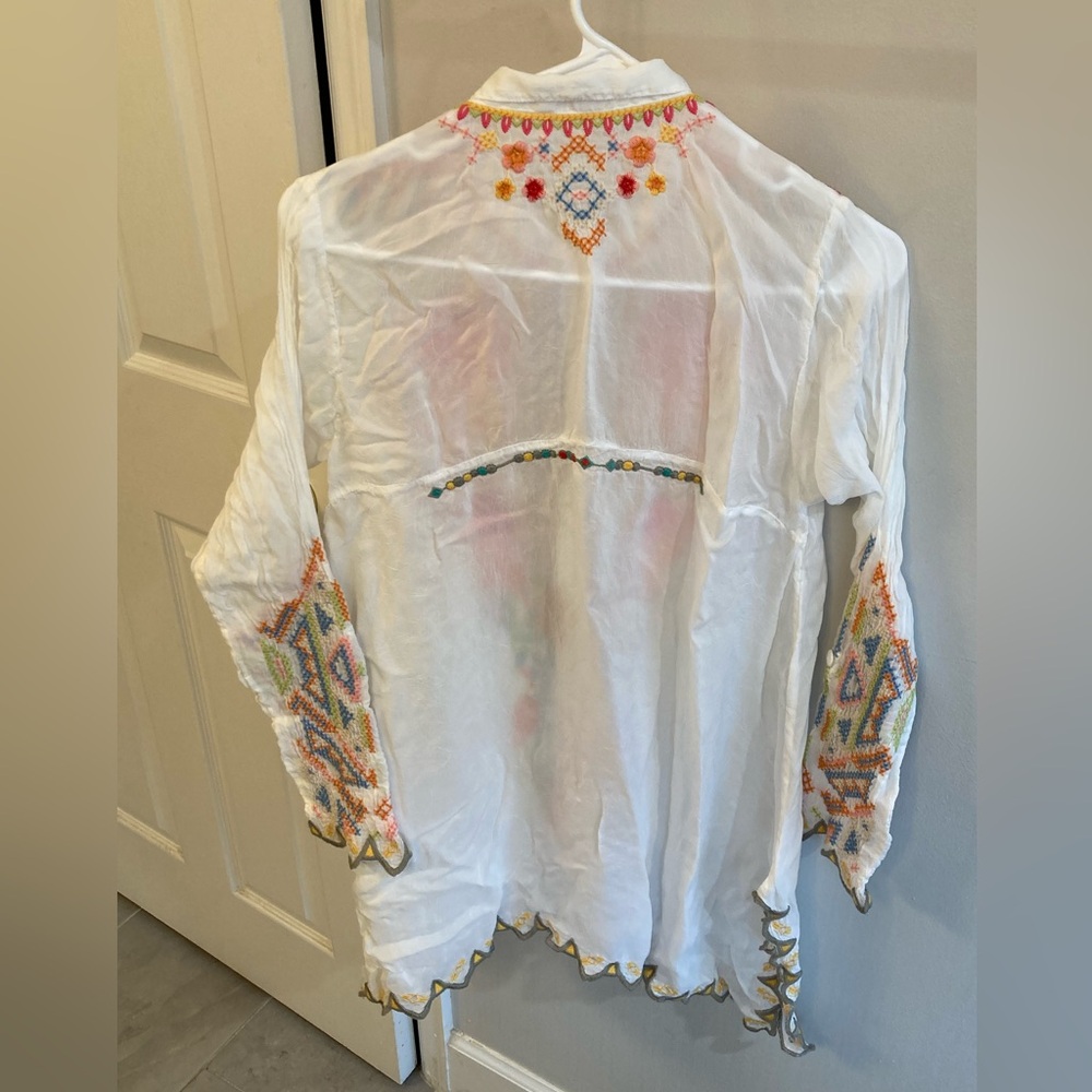 Johnny Was Size Small White Georgette Festival Tunic Embroidered Bohemian - Picture 4 of 8
